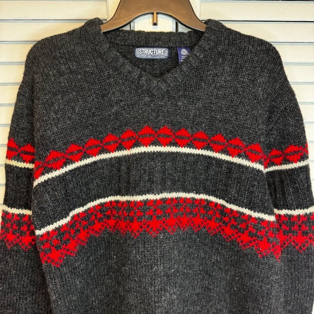 VINTAGE STRUCTURE MENS 100% PURE SHETLAND WOOL NORDIC PULLOVER V-NECK SWEATER